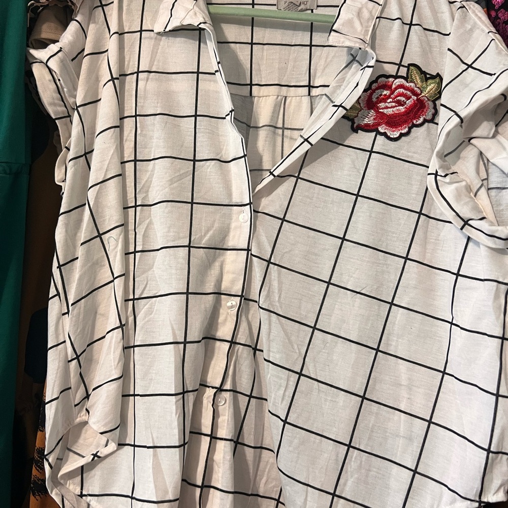 White Checkered Women's Top with Rose Embroidery